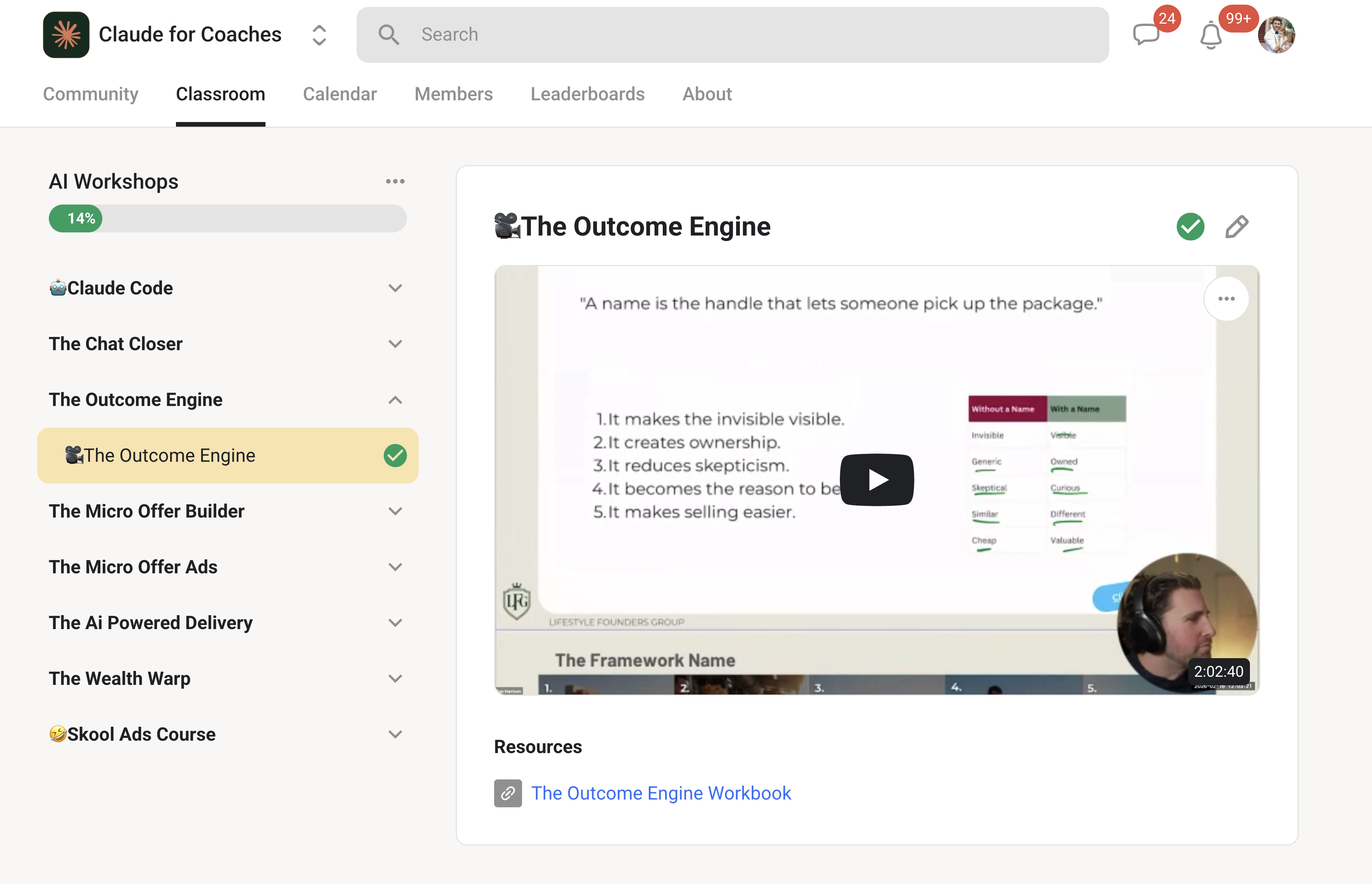 Claude for Coaches — Full AI Workshop Classroom with 8 courses, resources, and community